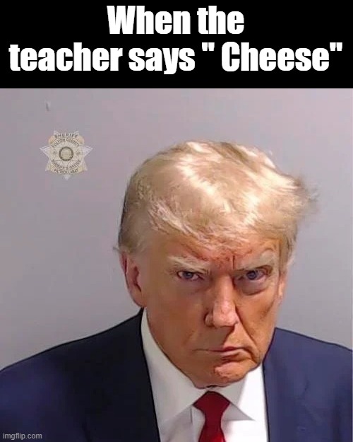 Taking class picture | When the teacher says " Cheese" | image tagged in trump mugshot | made w/ Imgflip meme maker