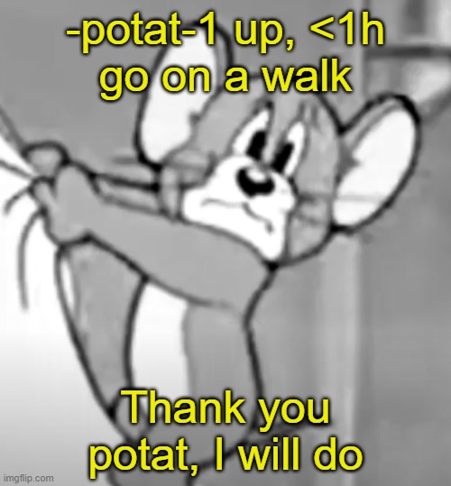 awww the skrunkly | -potat-1 up, <1h
go on a walk; Thank you potat, I will do | image tagged in awww the skrunkly | made w/ Imgflip meme maker