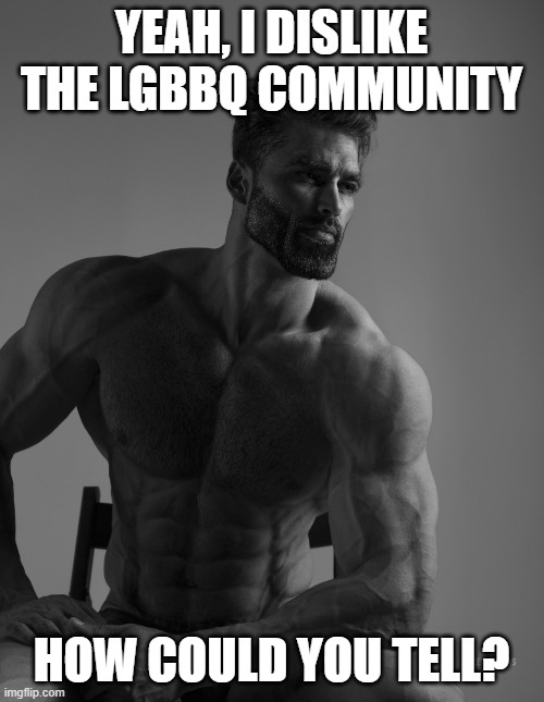 Giga Chad | YEAH, I DISLIKE THE LGBBQ COMMUNITY HOW COULD YOU TELL? | image tagged in giga chad | made w/ Imgflip meme maker