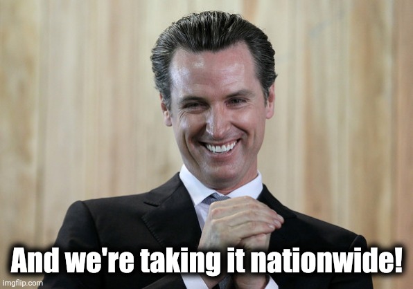 Scheming Gavin Newsom  | And we're taking it nationwide! | image tagged in scheming gavin newsom | made w/ Imgflip meme maker