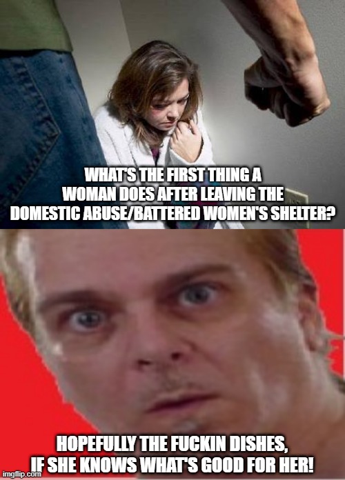 Better Do It | WHAT'S THE FIRST THING A WOMAN DOES AFTER LEAVING THE DOMESTIC ABUSE/BATTERED WOMEN'S SHELTER? HOPEFULLY THE FUCKIN DISHES, IF SHE KNOWS WHAT'S GOOD FOR HER! | image tagged in battered wife,wife beater mind blown | made w/ Imgflip meme maker