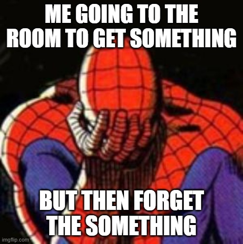 aw man | ME GOING TO THE ROOM TO GET SOMETHING; BUT THEN FORGET THE SOMETHING | image tagged in memes,sad spiderman,spiderman | made w/ Imgflip meme maker