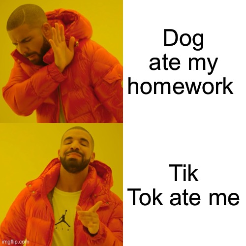 I miss making excuses for homework | Dog ate my homework; Tik Tok ate me | image tagged in memes,drake hotline bling,dog,tiktok,tik tok,homework | made w/ Imgflip meme maker