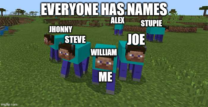 steeps | EVERYONE HAS NAMES; ALEX; STUPIE; JHONNY; JOE; STEVE; WILLIAM; ME | image tagged in me and the boys | made w/ Imgflip meme maker