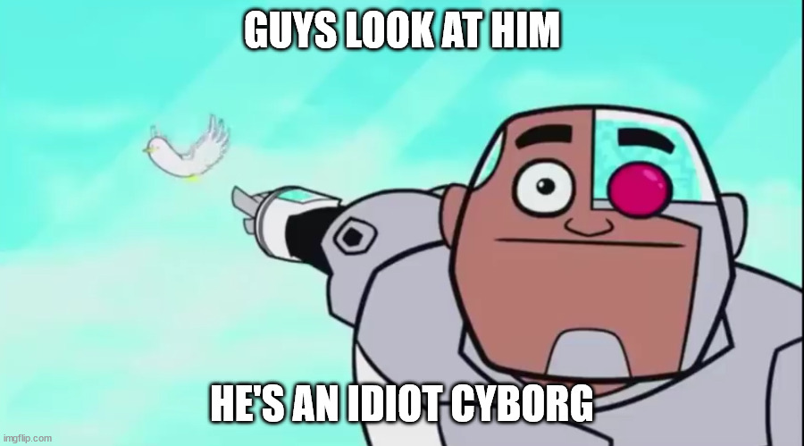Stupid cyborg | GUYS LOOK AT HIM; HE'S AN IDIOT CYBORG | image tagged in guys look a birdie | made w/ Imgflip meme maker
