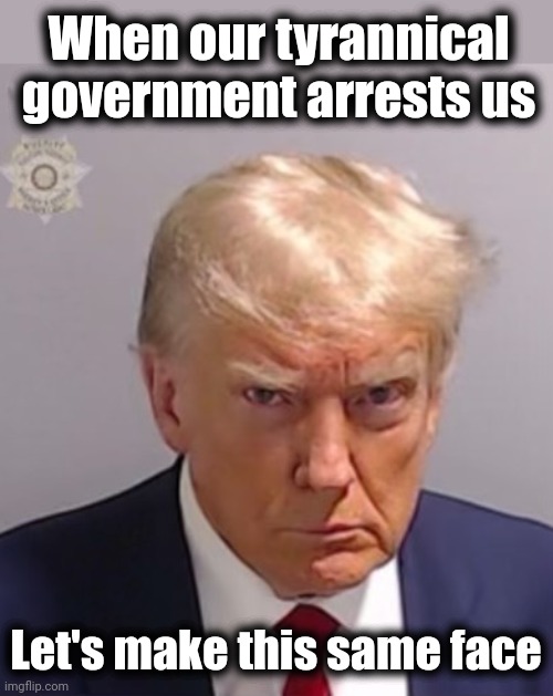 Donald Trump Mugshot | When our tyrannical government arrests us; Let's make this same face | image tagged in donald trump mugshot,memes,tyrannical government,joe biden,democrats,totalitarianism | made w/ Imgflip meme maker