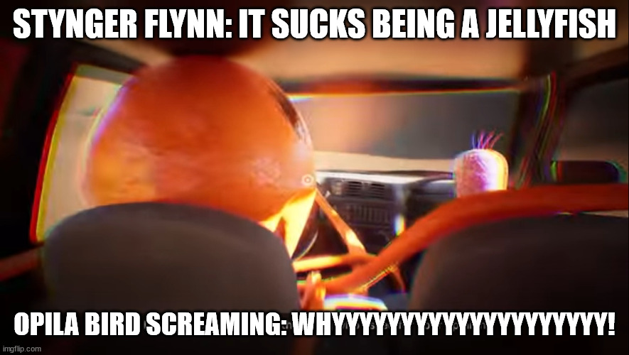 why | STYNGER FLYNN: IT SUCKS BEING A JELLYFISH; OPILA BIRD SCREAMING: WHYYYYYYYYYYYYYYYYYYYY! | image tagged in i am struggling to locate the being who asked for your opinion | made w/ Imgflip meme maker
