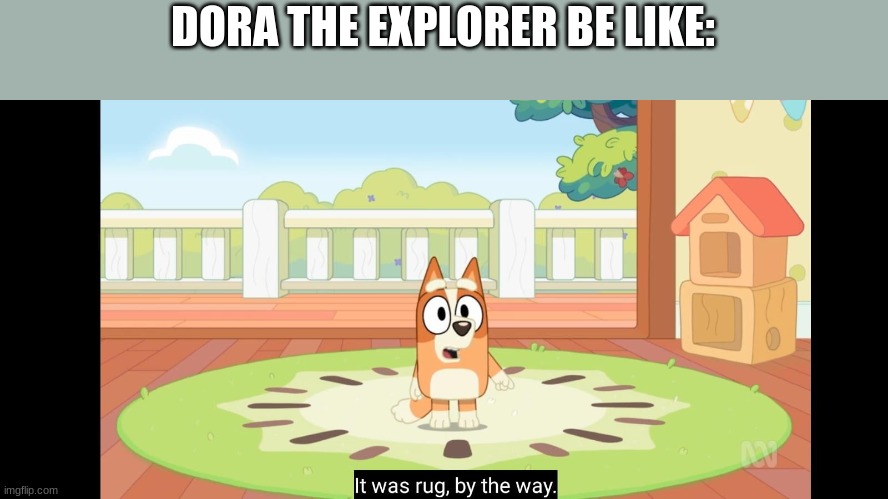 Bingo looking at the audience | DORA THE EXPLORER BE LIKE: | image tagged in bingo looking at the audience,dora the explorer,bluey,fourth wall | made w/ Imgflip meme maker