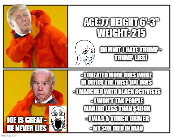 Leftard Logic 101 | AGE:77 HEIGHT 6'-3"
WEIGHT: 215; DAMNIT I HATE TRUMP -
TRUMP LIES! - I CREATED MORE JOBS WHILE IN OFFICE THE FIRST 100 DAYS; - I MARCHED WITH BLACK ACTIVISTS; - I WON'T TAX PEOPLE MAKING LESS THAN $400K; - I WAS A TRUCK DRIVER; JOE IS GREAT -
HE NEVER LIES; - MY SON DIED IN IRAQ | image tagged in no - yes,liberals,leftists,democrats,2024 | made w/ Imgflip meme maker