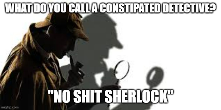 meme by Brad No Shit Sherlock | WHAT DO YOU CALL A CONSTIPATED DETECTIVE? "NO SHIT SHERLOCK" | image tagged in humor | made w/ Imgflip meme maker