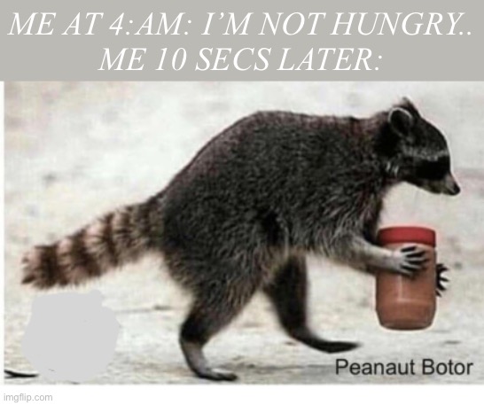 Nah I’m hungry | ME AT 4:AM: I’M NOT HUNGRY..
ME 10 SECS LATER: | image tagged in peanut butter,raccoon,memes | made w/ Imgflip meme maker