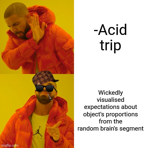 -What's really going on there? | -Acid trip; Wickedly visualised expectations about object's proportions from the random brain's segment | image tagged in memes,drake hotline bling,visual novel,lsd,don't do drugs,yeah this is big brain time | made w/ Imgflip meme maker