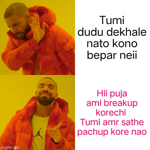 Drake Hotline Bling | Tumi dudu dekhale nato kono bepar neii; Hii puja ami breakup korechi 
Tumi amr sathe pachup kore nao | image tagged in memes,drake hotline bling | made w/ Imgflip meme maker