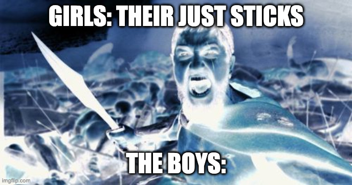 Sparta Leonidas | GIRLS: THEIR JUST STICKS; THE BOYS: | image tagged in memes,sparta leonidas | made w/ Imgflip meme maker