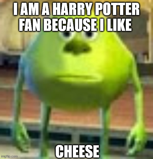 Stop it stupid wazowski | CHEESE; I AM A HARRY POTTER FAN BECAUSE I LIKE | image tagged in sully wazowski | made w/ Imgflip meme maker