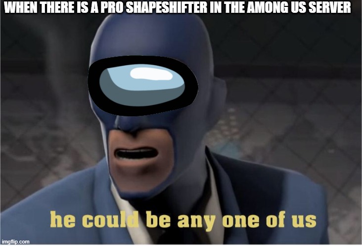 ruh roh shapeshifter alert | WHEN THERE IS A PRO SHAPESHIFTER IN THE AMONG US SERVER | image tagged in he could be anyone of us | made w/ Imgflip meme maker