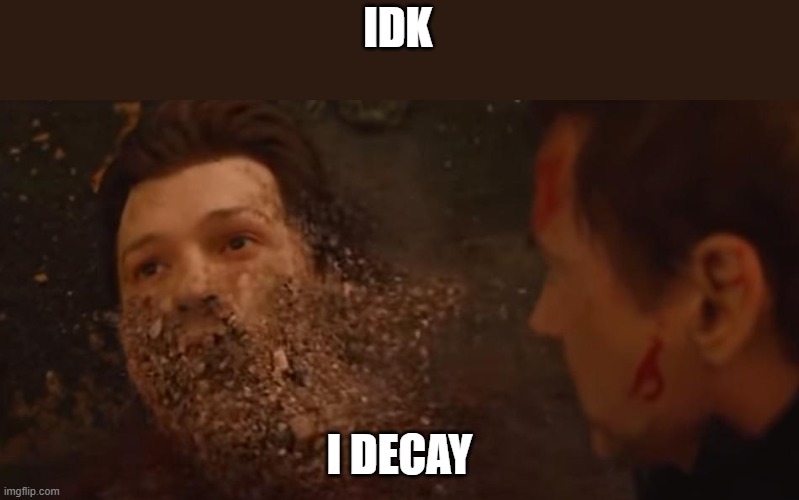 I decay | IDK; I DECAY | image tagged in spiderman desintegrated | made w/ Imgflip meme maker