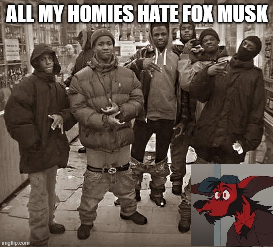 if you didn't know foxmusk is a necro zoophile | ALL MY HOMIES HATE FOX MUSK | image tagged in all my homies hate | made w/ Imgflip meme maker
