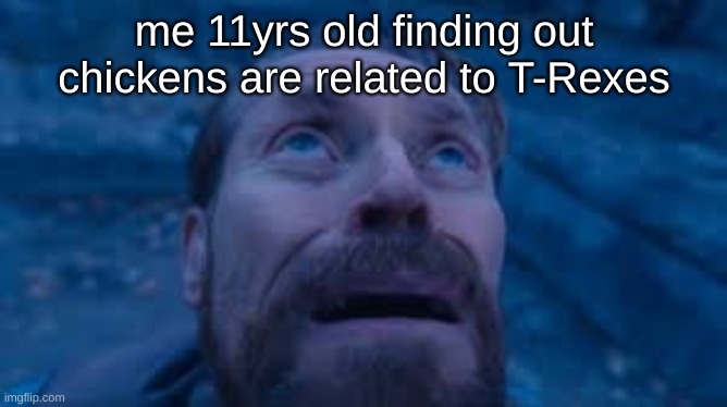 just me? | me 11yrs old finding out chickens are related to T-Rexes | image tagged in crying dafoe | made w/ Imgflip meme maker