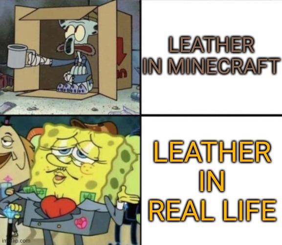 Poor Squidward vs Rich Spongebob | LEATHER IN MINECRAFT; LEATHER IN REAL LIFE | image tagged in poor squidward vs rich spongebob | made w/ Imgflip meme maker
