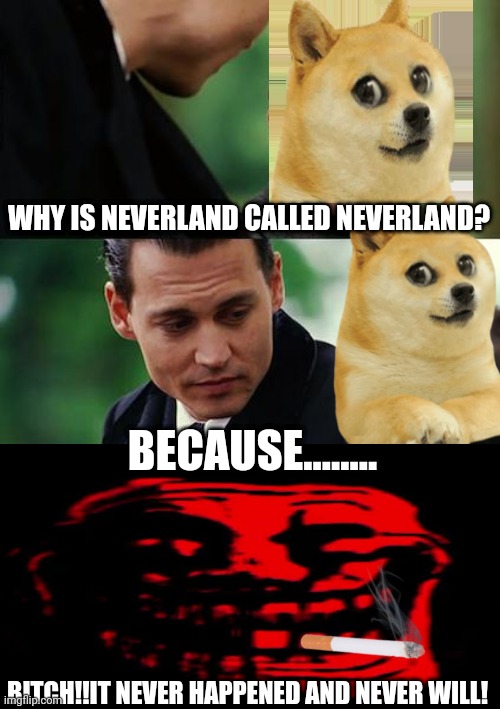 Damn | WHY IS NEVERLAND CALLED NEVERLAND? BECAUSE........ BITCH!!IT NEVER HAPPENED AND NEVER WILL! | image tagged in memes,finding neverland | made w/ Imgflip meme maker
