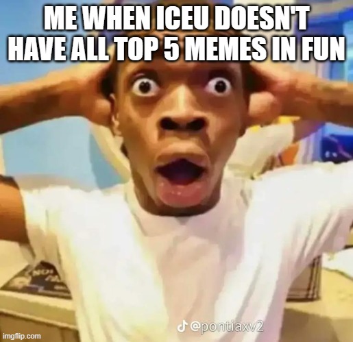 Iceu's Unparalleled | ME WHEN ICEU DOESN'T HAVE ALL TOP 5 MEMES IN FUN | image tagged in shocked black guy,iceu,funny memes,relatable,imgflip,imgflip users | made w/ Imgflip meme maker