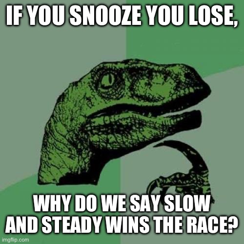 Nah, if you snooze, you win | IF YOU SNOOZE YOU LOSE, WHY DO WE SAY SLOW AND STEADY WINS THE RACE? | image tagged in memes,philosoraptor,funny,funny memes,shower thoughts,relatable | made w/ Imgflip meme maker