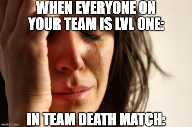 First world problems fr | WHEN EVERYONE ON YOUR TEAM IS LVL ONE:; IN TEAM DEATH MATCH: | image tagged in memes,first world problems,funny,funny memes,fun,funny meme | made w/ Imgflip meme maker