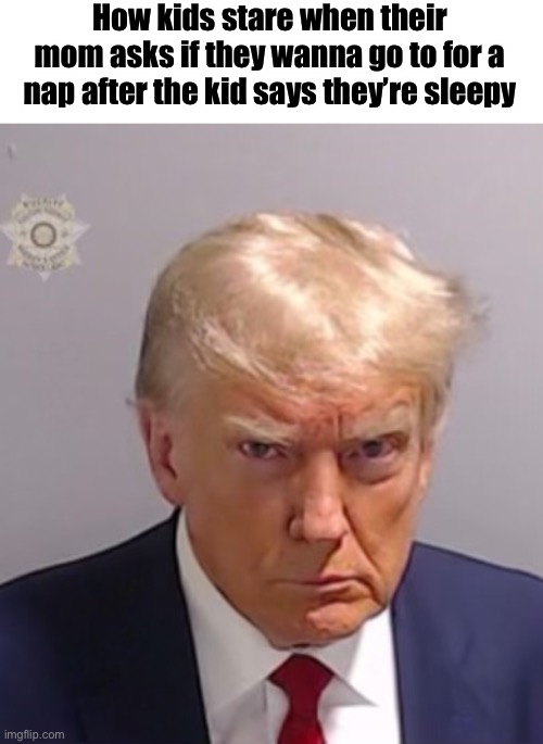 Caption goes here | How kids stare when their mom asks if they wanna go to for a nap after the kid says they’re sleepy | image tagged in donald trump mugshot,ai meme,kids | made w/ Imgflip meme maker