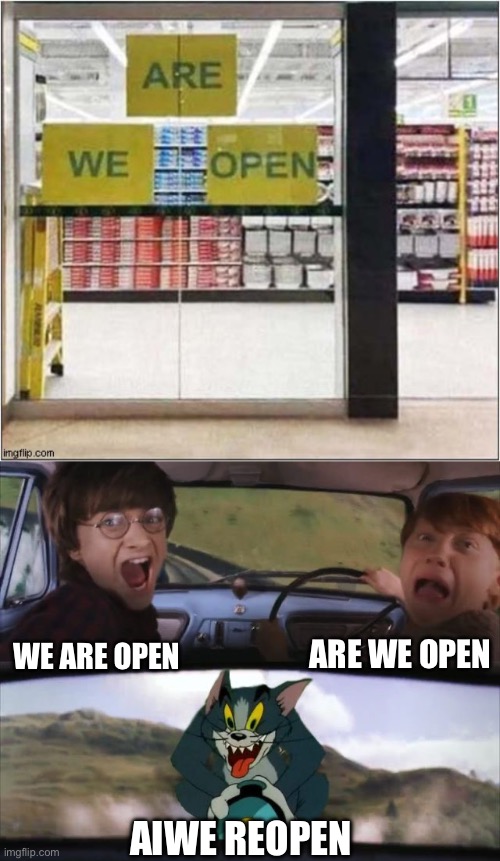 Open or? | ARE WE OPEN; WE ARE OPEN; AIWE REOPEN | image tagged in tom chasing harry and ron weasly,open,dafuq did i just read | made w/ Imgflip meme maker