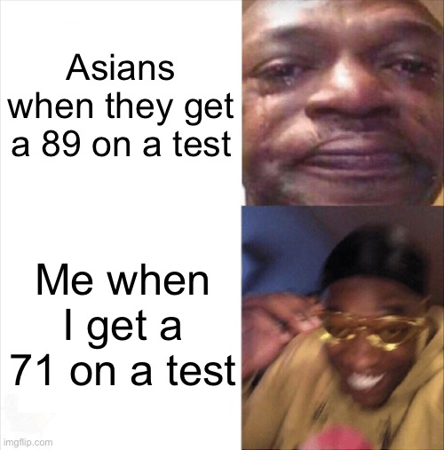 Fr | Asians when they get a 89 on a test; Me when I get a 71 on a test | image tagged in sad happy | made w/ Imgflip meme maker