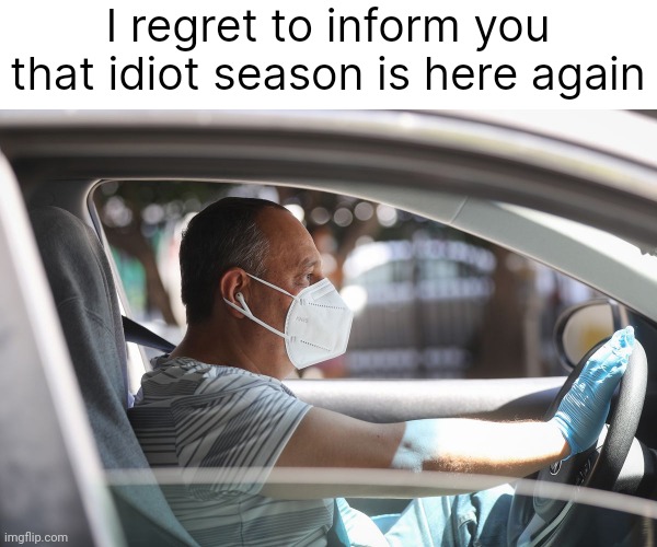They're popping up everywhere. | I regret to inform you that idiot season is here again | image tagged in wearing a mask and gloves in your car | made w/ Imgflip meme maker