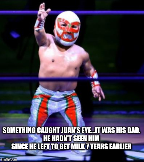 SOMETHING CAUGHT JUAN'S EYE...IT WAS HIS DAD.
HE HADN'T SEEN HIM SINCE HE LEFT TO GET MILK 7 YEARS EARLIER | image tagged in dad,midget wresting,so wrong | made w/ Imgflip meme maker
