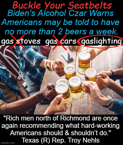 Take This Beer and SHOVE It! | Buckle Your Seatbelts; Biden's Alcohol Czar Warns 
Americans may be told to have 
no more than 2 beers a week. gas stoves  gas cars  gaslighting; "Rich men north of Richmond are once 
again recommending what hard-working 
Americans should & shouldn’t do." 
Texas (R) Rep. Troy Nehls | image tagged in politics,joe biden,beers,rules,hold my beer,gaslighting | made w/ Imgflip meme maker