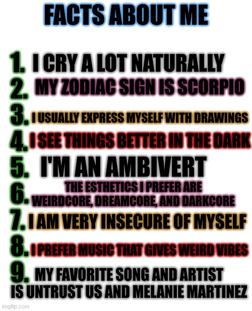 FACTS ABOUT ME; 1. 
  2.
  3.
  4.
  5.
  6.
  7.
  8.
  9. I CRY A LOT NATURALLY; MY ZODIAC SIGN IS SCORPIO; I USUALLY EXPRESS MYSELF WITH DRAWINGS; I SEE THINGS BETTER IN THE DARK; I'M AN AMBIVERT; THE ESTHETICS I PREFER ARE WEIRDCORE, DREAMCORE, AND DARKCORE; I AM VERY INSECURE OF MYSELF; I PREFER MUSIC THAT GIVES WEIRD VIBES; MY FAVORITE SONG AND ARTIST IS UNTRUST US AND MELANIE MARTINEZ | made w/ Imgflip meme maker