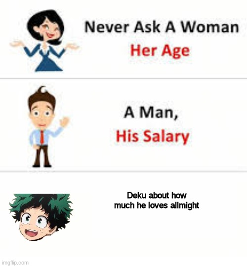 type "same" in the chat if you agree | Deku about how much he loves allmight | image tagged in never ask a woman her age | made w/ Imgflip meme maker