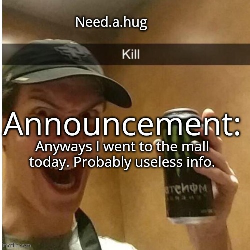 Need.a.hug announcement temp | Anyways I went to the mall today. Probably useless info. | image tagged in need a hug announcement temp | made w/ Imgflip meme maker