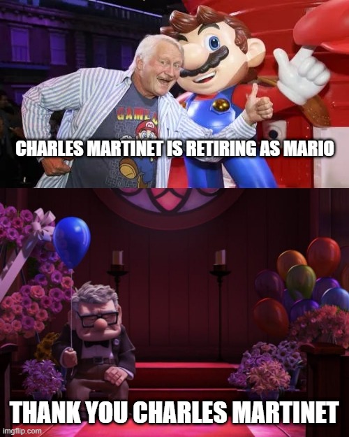 carl sad over charles retiring | CHARLES MARTINET IS RETIRING AS MARIO; THANK YOU CHARLES MARTINET | image tagged in carl sad over who,carl wheezer,pixar,mario,charlie brown,nintendo | made w/ Imgflip meme maker