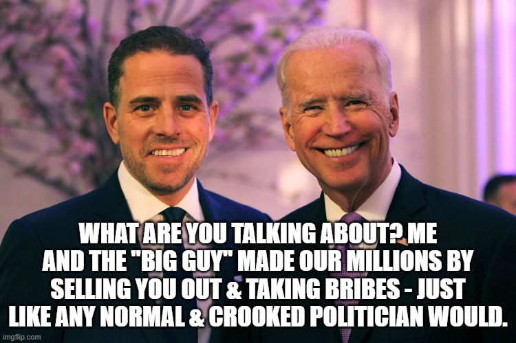 Joe and Hunter Biden | WHAT ARE YOU TALKING ABOUT? ME AND THE "BIG GUY" MADE OUR MILLIONS BY SELLING YOU OUT & TAKING BRIBES - JUST LIKE ANY NORMAL & CROOKED POLIT | image tagged in joe and hunter biden | made w/ Imgflip meme maker
