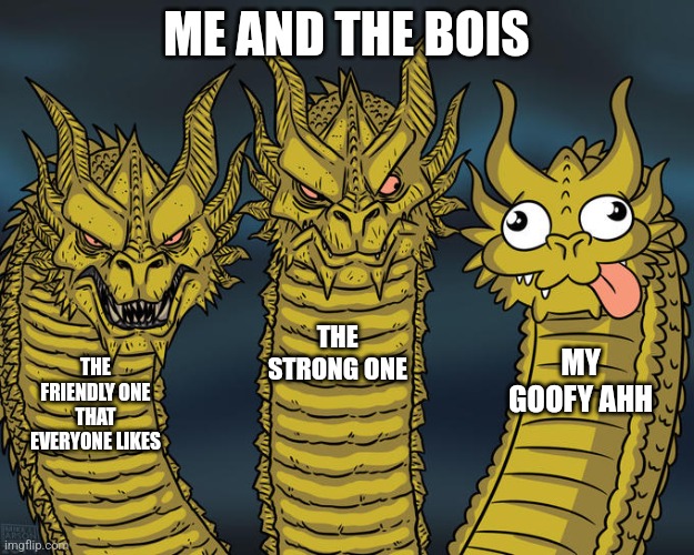Three-headed Dragon | ME AND THE BOIS; THE STRONG ONE; MY GOOFY AHH; THE FRIENDLY ONE THAT EVERYONE LIKES | image tagged in three-headed dragon | made w/ Imgflip meme maker