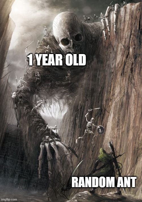 when the 1 year old find's a random ant | 1 YEAR OLD; RANDOM ANT | image tagged in giant monster | made w/ Imgflip meme maker