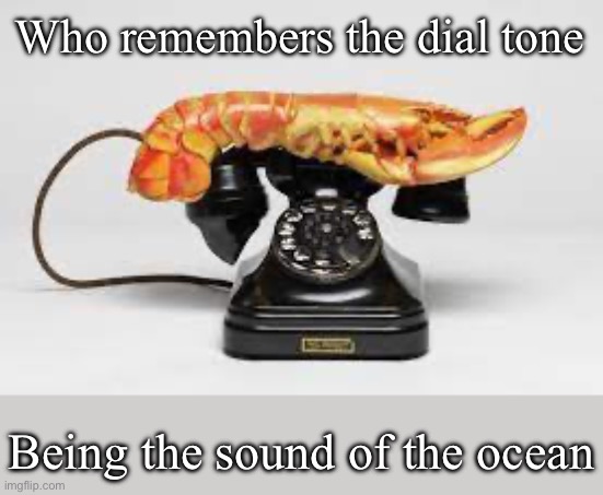 Old phone | Who remembers the dial tone; Being the sound of the ocean | image tagged in lobster,phone,salvador dali | made w/ Imgflip meme maker