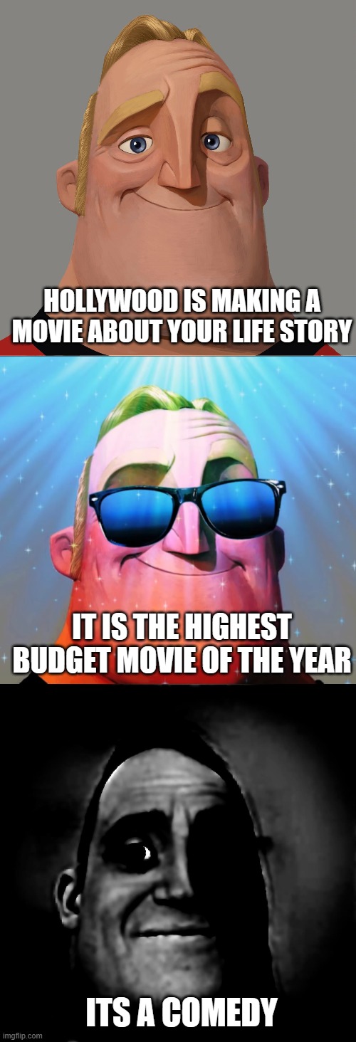 When a movie is made of you | HOLLYWOOD IS MAKING A MOVIE ABOUT YOUR LIFE STORY; IT IS THE HIGHEST BUDGET MOVIE OF THE YEAR; ITS A COMEDY | image tagged in sad hollywood,mr incredible becoming uncanny | made w/ Imgflip meme maker