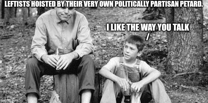 Slingblade  | LEFTISTS HOISTED BY THEIR VERY OWN POLITICALLY PARTISAN PETARD. I LIKE THE WAY YOU TALK
/ | image tagged in slingblade | made w/ Imgflip meme maker