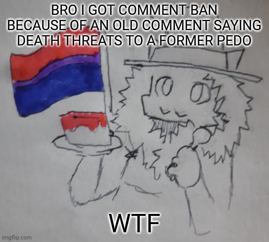 Matrozee's birthday | BRO I GOT COMMENT BAN BECAUSE OF AN OLD COMMENT SAYING DEATH THREATS TO A FORMER PEDO; WTF | image tagged in matrozee's birthday | made w/ Imgflip meme maker