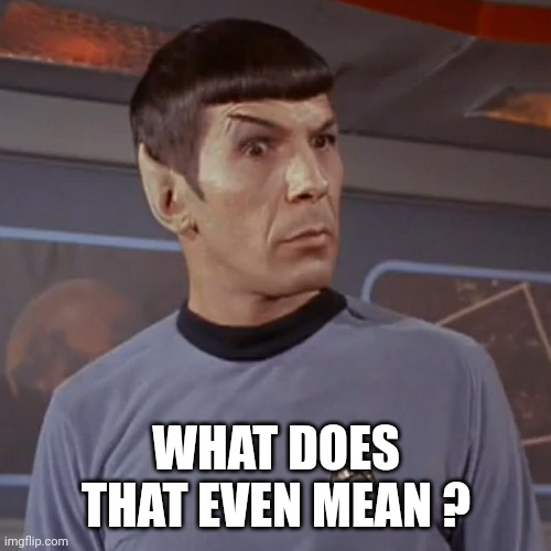 Puzzled Spock | WHAT DOES THAT EVEN MEAN ? | image tagged in puzzled spock | made w/ Imgflip meme maker