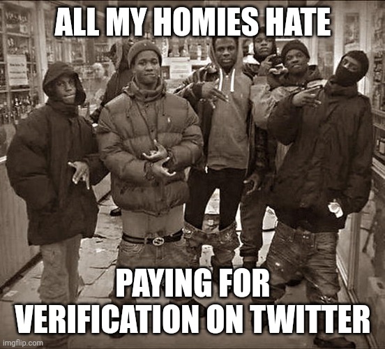 All My Homies Hate | ALL MY HOMIES HATE; PAYING FOR VERIFICATION ON TWITTER | image tagged in all my homies hate,twitter | made w/ Imgflip meme maker