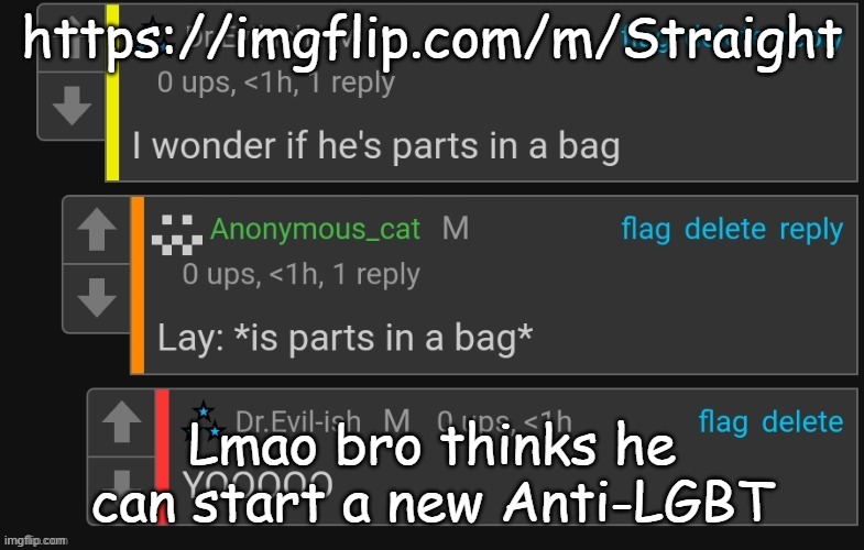 Not trying to start a war, just saying | https://imgflip.com/m/Straight; Lmao bro thinks he can start a new Anti-LGBT | image tagged in i wonder if he's parts in a bag | made w/ Imgflip meme maker