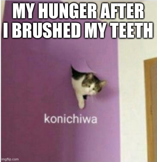 Konichiwa | MY HUNGER AFTER I BRUSHED MY TEETH | image tagged in konichiwa | made w/ Imgflip meme maker