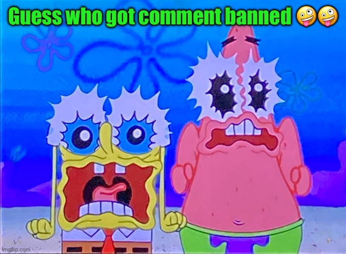 Scare spongboob and patrichard | Guess who got comment banned 🤪🤪 | image tagged in scare spongboob and patrichard | made w/ Imgflip meme maker